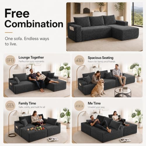 96 inch Boneless Couch, Modular L-Shaped Cloud Sectional Sofa, Dark Grey - Image 5