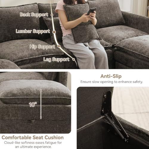 130" Brown Oversized Modular Storage Sofa, U Shaped Chenille Cloud Couch - Image 5