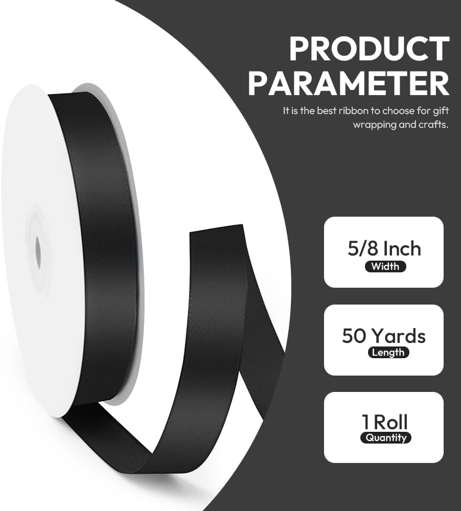 5/8" x 50 Yards Satin Ribbon - Black Silk Ribbon with Spool - Ideal for Gift Wrapping, Floral Bouquets, Crafts, Wedding Party Decorations, Christmas and Sewing Projects