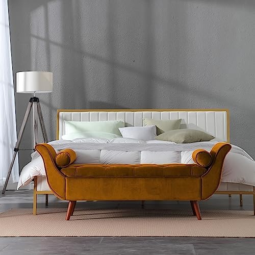 Storage Bench for Bedroom End of Bed, Velvet Upholstered Rolled Armed Button - Image 4