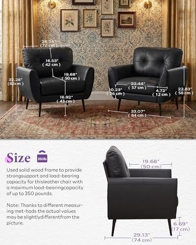 Black Leather Accent Chair, Tufted Reading Armchair - Image 2