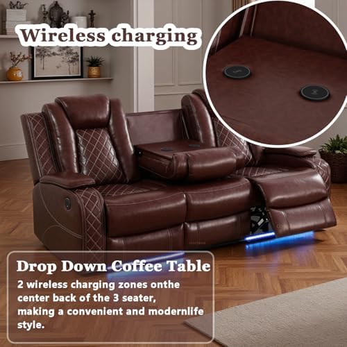 Power Recliner Set with LED Lights, Air Leather Reclining Sofa Set with USB - Image 6