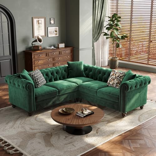 ONBRILL Velvet Chesterfield Sofa, L-Shaped Sectional Sofa by ONBRILL