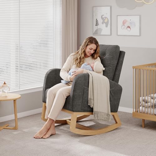 GarveeHome Nursery Rocking Chair, Linen Fabric Upholstery, Sturdy Wooden Legs & - Image 5