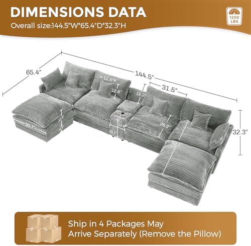 145" Cloud Couch Oversized U Shaped Light Grey Sectional Couches - Image 2