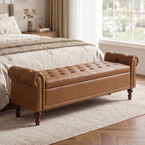 SOFTHION 67" Storage Bench for Bedroom, Linen Upholstered by SofthionDesign