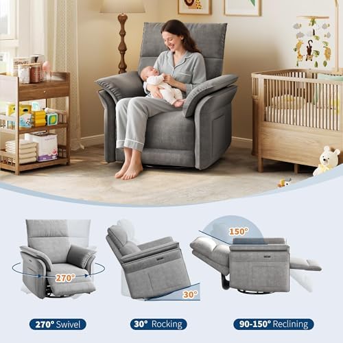 GAOMON Power Swivel Rocker Recliner, Nursery Glider, USB a&c, Light Gray - Image 7