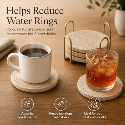 Travertine Coasters with Gold Holder, Cork Backing - Image 7