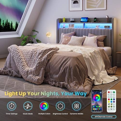 SHA CERLIN Queen Size LED Lift Up Storage Bed Frame Charging Station - Image 5