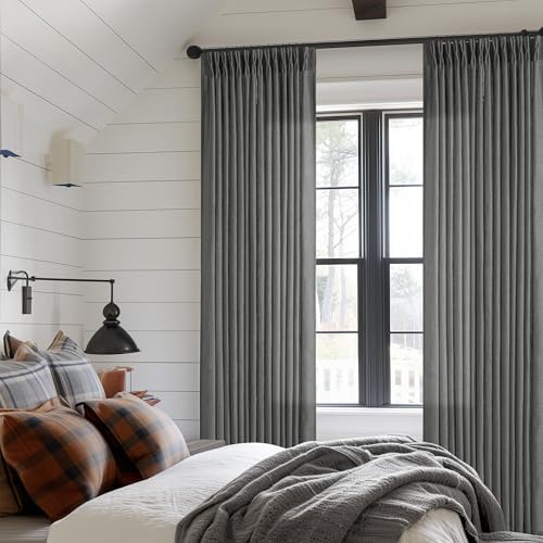 Dark Grey 80 Inch Pinch Pleated Linen Semi Sheer Curtains 2 Panel Set - Image 6