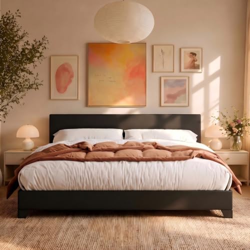 Allewie King Size Faux Leather Bed Frame, Adjustable Headboard by Allewie