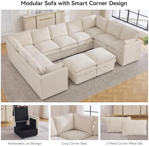 130" Beige Oversized Modular Storage Sofa, U Shaped Chenille Cloud Couch - Image 6