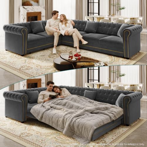 115.3" Velvet L-Shaped Pull-Out Chesterfield Sleeper Sofa Bed, Dark Grey‌ - Image 6