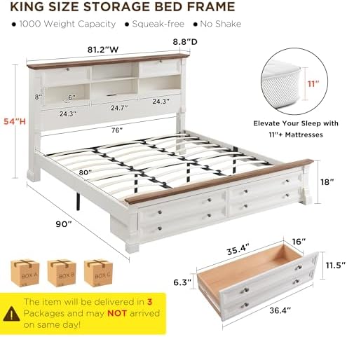 Woon King Size Bed Frame, 2 Drawers & 4 Bookcases On The 54" Tall Headboard - Image 2