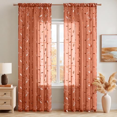 MIULEE Burnt Orange Sheer Fall Curtains 2 Panels Leaf Patterned, W52 x L63 - Image 2