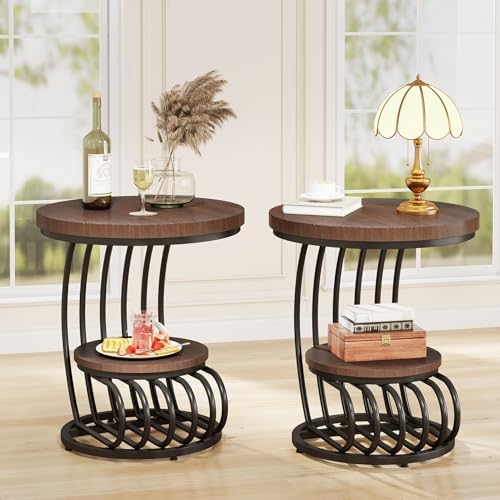 Tribesigns Round End Side Table: 2 Tiers Side Table Set of 2, Vintage End Table by Tribesigns
