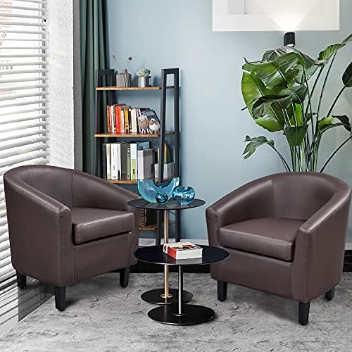 Yaheetech Accent Chairs Set of 2, Faux Leather Barrel Armchairs Espresso - Image 2
