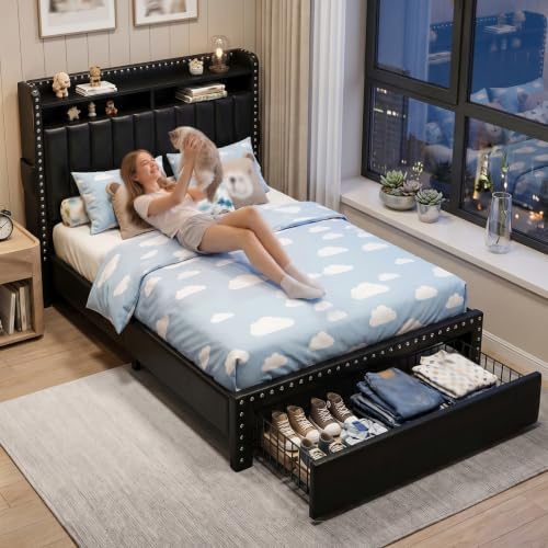 EnHomee Twin Bed Frame with 2 Drawers & 2-Tier Storage Headboard - Image 7