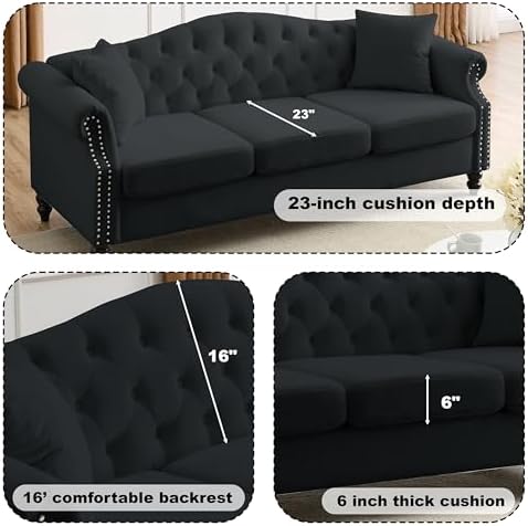 2 Piece Black Velvet 79" 3-Seater and 57" Loveseat Sofa Sets, Chesterfield - Image 4