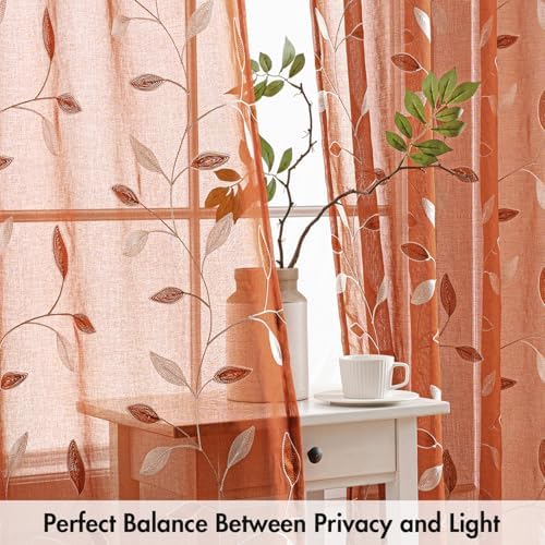 MIULEE Burnt Orange Sheer Fall Curtains 2 Panels Leaf Patterned, W52 x L84 - Image 5