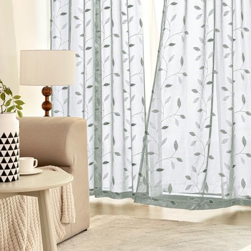 MIULEE Sage Sheer Curtains 2 Panels Embroidered Leaf Patterned, W52 x L96 - Image 2