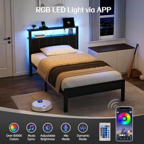 OLEVS Twin Bed Frame with LED Lights & USB Outlets, Platform Twin Bed with - Image 5
