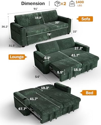 Sunny Heart 91" Plush Corduroy L Shaped Sectional Sleeper Sofa Bed - Image 3