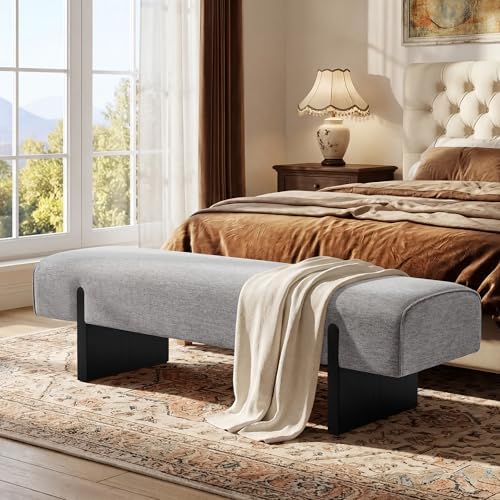 Upholstered End of Bed Bench, Solid Wood Legs & Grey Linen Fabric by JIRAIN