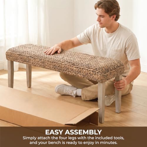 Solid Wood Acacia Indoor Bench, Natural Woven Water Hyacinth Seat - Image 6