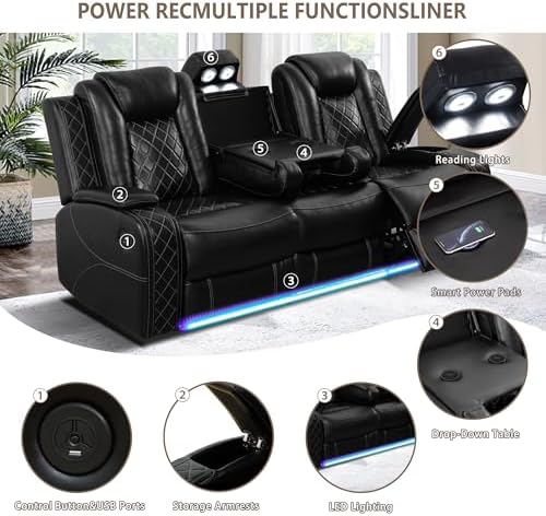 Power Recliner Sofa Set with LED, Air Leather Reclining Sofa Set, 3 Piece - Image 5