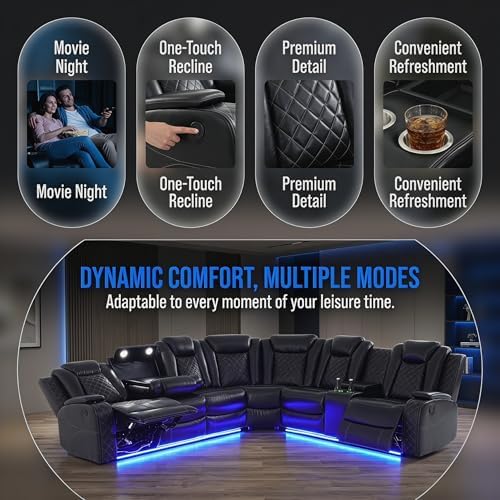 Power Reclining Leather Sectional Sofa Set, 6-Seater Black Sectional Couches - Image 4