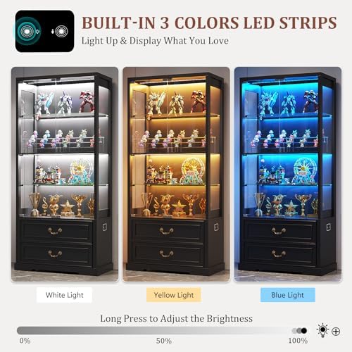 TAGELIER Display Cabinet with Glass Doors and LED Lights, 2 Drawers - Image 3
