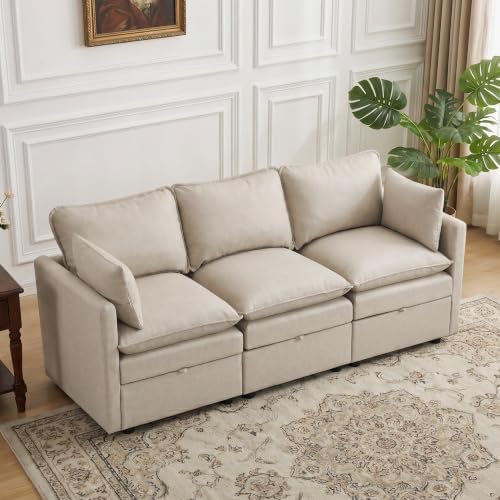 80" Beige Faux Leather Storage 3 Seater Sofa, Modular Sectional Cloud Sofa by Abbrevi