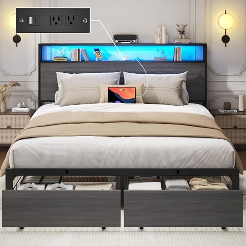Full Bed Frame with Charging Station, LED Lights, 2 Drawers, Rustic Grey by Lifezone