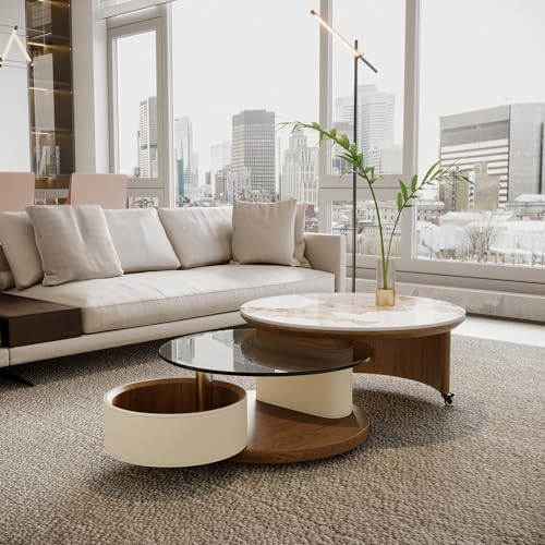 Round Coffee Table for Living Room, Modern Marble Top Expandable Coffee Table by Auvsoce