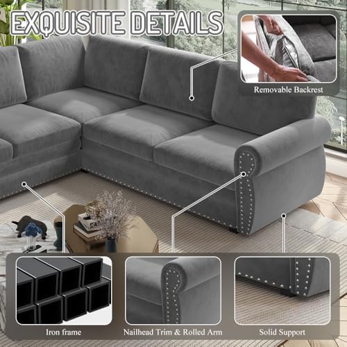 118" Chenille L-Shaped Pull-Out Sectional Vintage Sleeper Sofa, Light Grey - Image 4