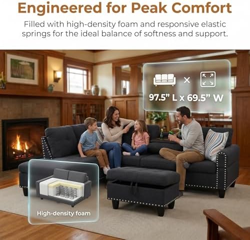 L-Shaped Couch Set, 97.5" L x 69.5" W Sectional Sofas Linen Grey - Image 6