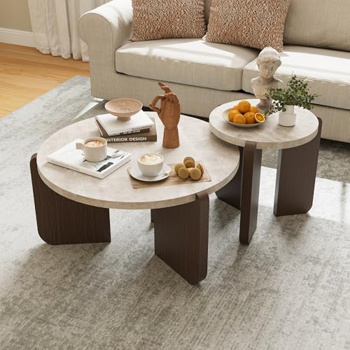 COSIEST Modern 2-Piece Faux Marble Round Coffee & Side Table Set by COSIEST