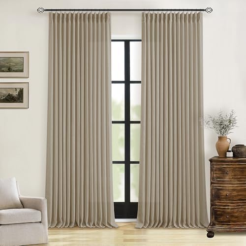 Pleated Linen Semi Sheer Grey Beige Memory Shaped Curtains 90 Inches Long by TWODRAPES