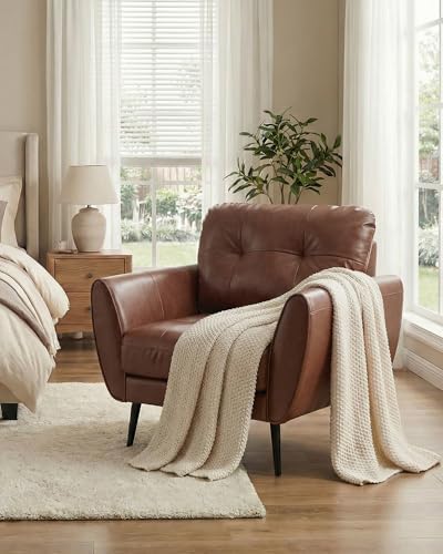 Brown Leather Accent Chair, Tufted Reading Arm Chair - Image 3
