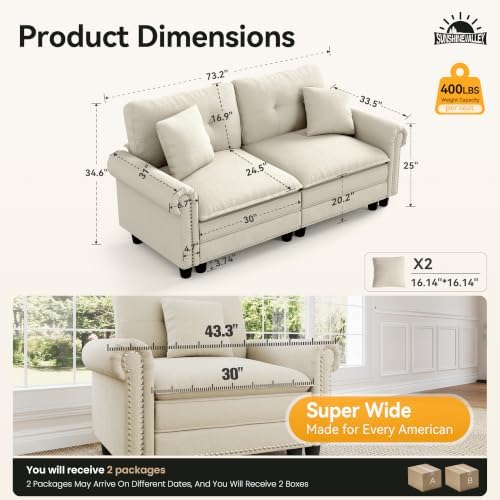 SUNSHINE VALLEY 73.2" Modular Loveseat Cloud Couch Rolled Arms & Deep Seats - Image 2