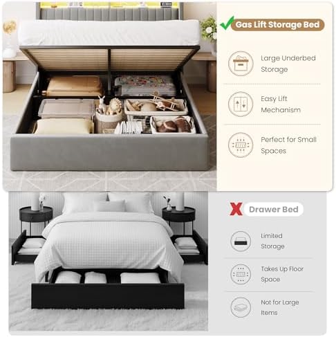 SHA CERLIN Full Size LED Lift Up Storage Bed Frame Charging Station - Image 4