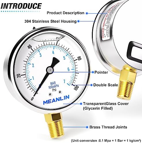 MEANLIN MEASURE 0~100Psi Stainless Steel 1/4" NPT 2.5" FACE DIAL Liquid Filled - Image 4