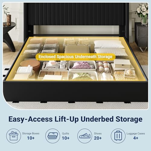 Allewie King Size Lift Up Storage Bed Frame Channel Tufted Headboard Black - Image 4