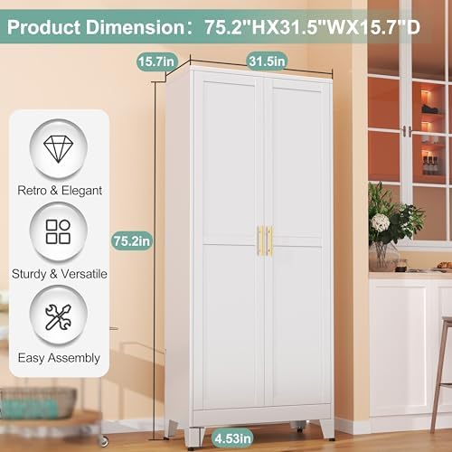 Metal Pantry Cabinet with 2 Doors and 5 Adjustable Shelves, Versatile Storage - Image 2