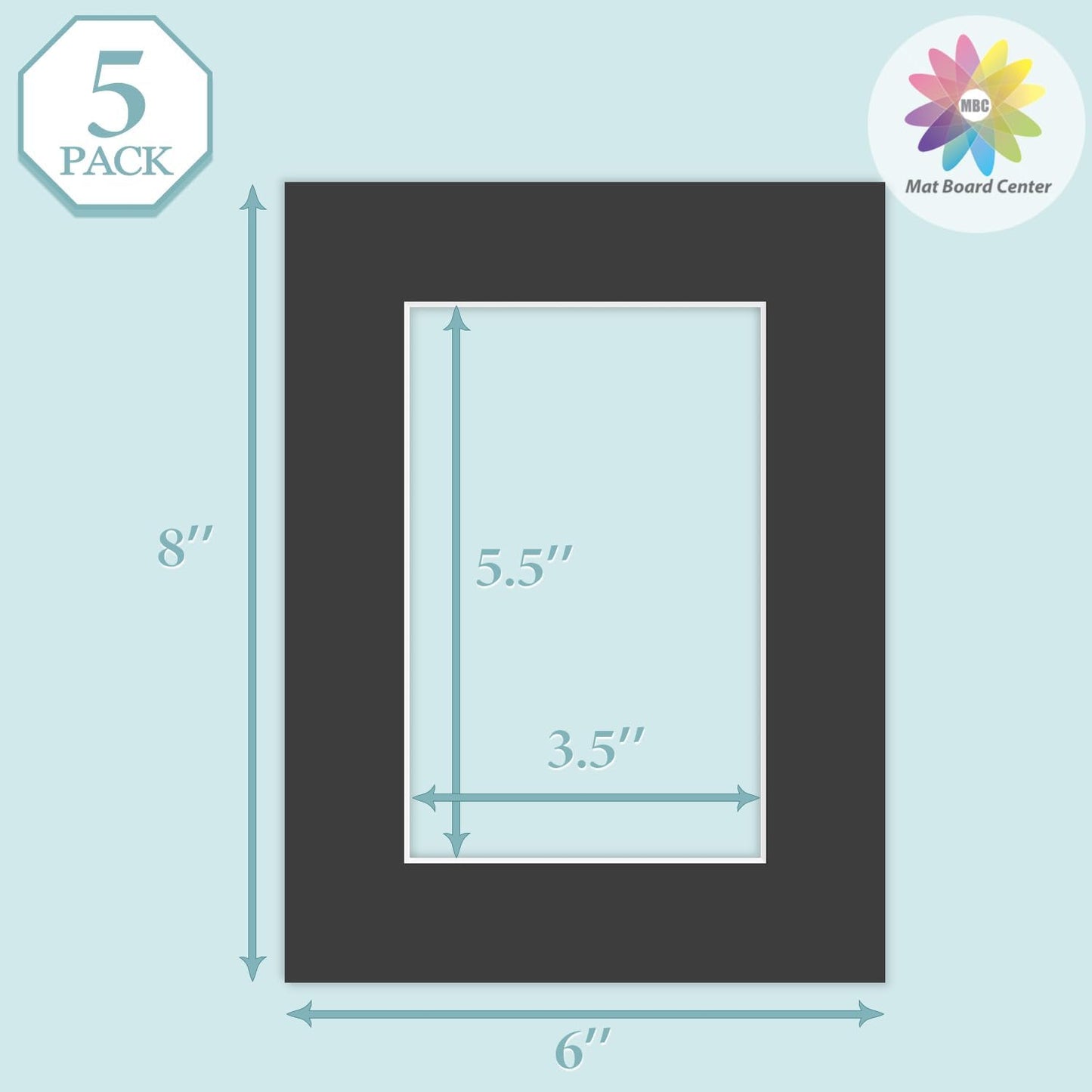 MBC Mat Board Center, 5 Pack 6x8 for 4x6 Black Picture Mats Frame Mattes, Bevel Cut, Acid Free, 4-ply Thickness