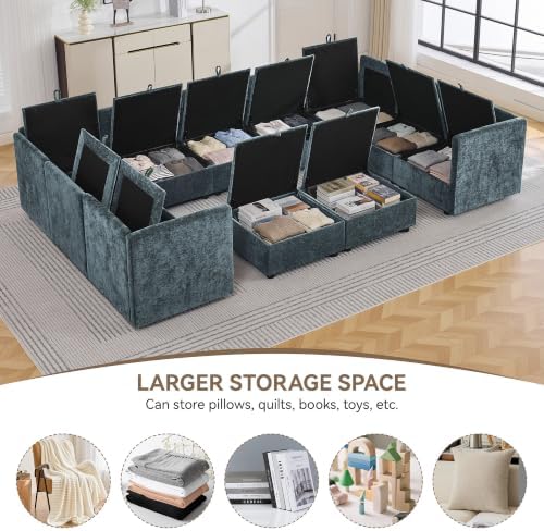 130" Blue Oversized Modular Storage Sofa, U Shaped Chenille Cloud Couch - Image 3