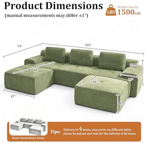 122" U Shaped Oversized Cloud Boneless Couch, Cloud Sectional Couches - Image 2