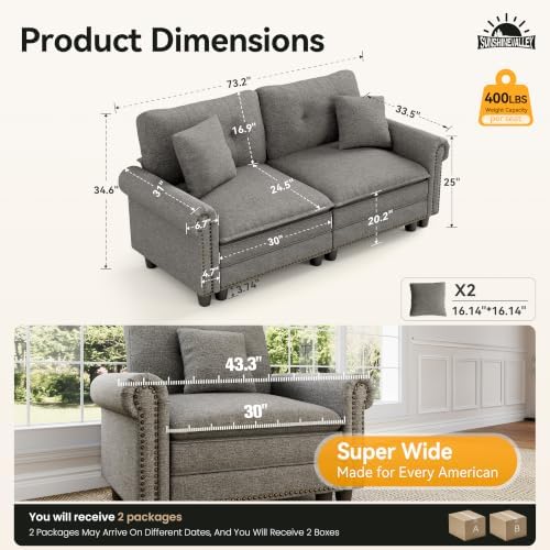 SUNSHINE VALLEY 73.2" Modular Loveseat Cloud Couch Rolled Arms & Deep Seats - Image 2