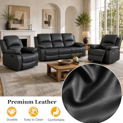 3 Piece Manual Reclining Leather Sofa Set, Reclining Couch Sofa Set Includes - Image 4
